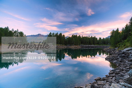 Lago Azzurro at sunrise, Spluga Valley, Sondrio province, Valtellina, Lombardy, Italy, Europe