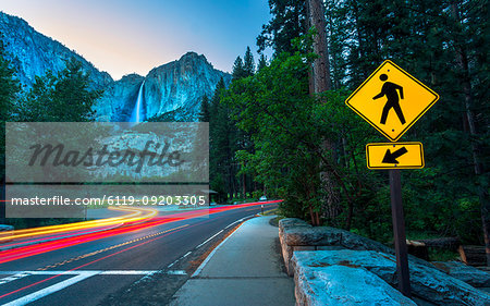 Yosemite Falls and car trail lights, Yosemite National Park, UNESCO World Heritage Site, California, United States of America, North America