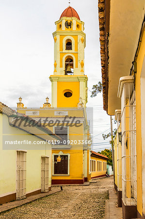 A view from Plaza Major towards the bell tower of the Convent of San Francisco, Trinidad, UNESCO World Heritage Site, Cuba, West Indies, Caribbean, Central America