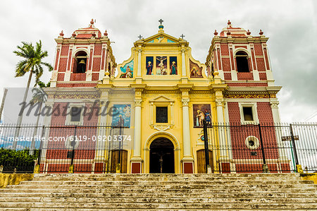 A view of the colourful Church of El Calvario, Leon, Nicaragua, Central America