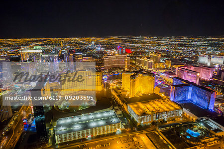 View of Las Vegas and The Strip from helicopter at night, Las Vegas, Nevada, United States of America, North America