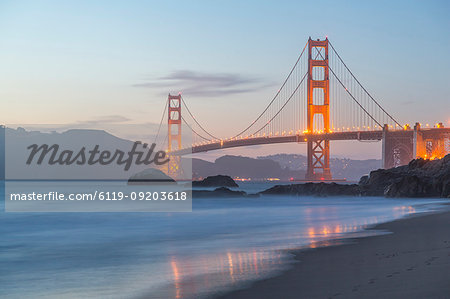 View of Golden Gate Bridge from Baker Beach at dusk, South Bay, San Francisco, California, United States of America, North America