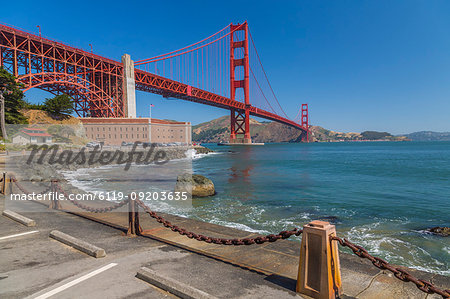 View of Golden Gate Bridge and Fort Point from Marine Drive, San Francisco, California, United States of America, North America