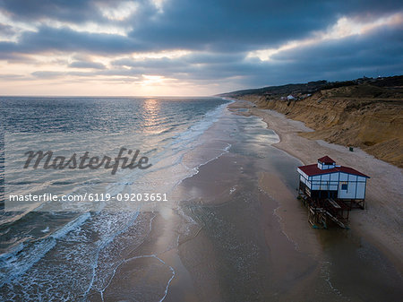 Aerial view of sunset over beach, by drone, Matalascanas, Huelva District, Andalucia, Spain, Europe