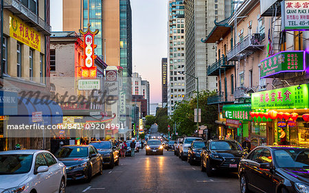 View of traditionally decorated street in Chinatown at dusk, San Francisco, California, United States of America, North America