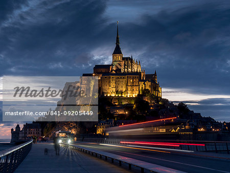 Mont St Michel, UNESCO World Heritage Site, holy island and peninsula at dusk, Normandy, France, Europe