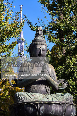 Kannon Bosatsu Buddha sculpture at the Sensoji Temple with the Sky Tree Tower in the background, Asakusa, Tokyo, Japan, Asia