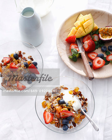 Bowls of apricot granola with fruit