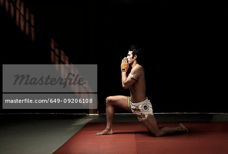 Boxer kneeling on mat