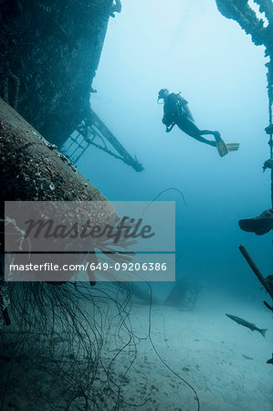 Diver examining underwater shipwreck