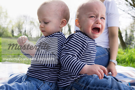 Baby twin brothers back to back on picnic blanket in field