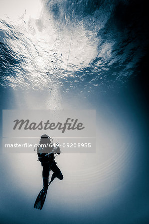 Scuba diver underwater doing a safety decompression stop, Lombok, Indonesia