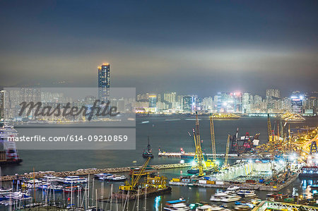 City and port at night, Hong Kong, China