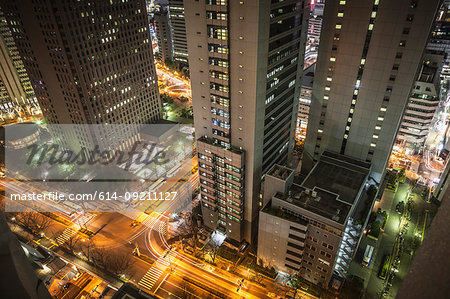 View of streets and traffic at night, Tokyo, Japan