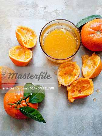 Still life of freshly squeezed orange fruits and orange juice