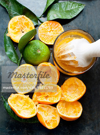 Still life of freshly squeezed orange fruits and juicer