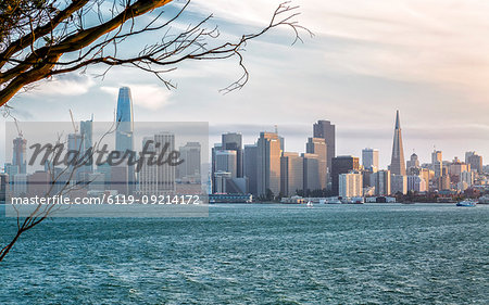 View of San Francisco skyline from Treasure Island at sunset, San Francisco, California, United States of America, North America
