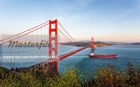 View of Golden Gate Bridge from Golden Gate Bridge Vista Point at sunset, San Francisco, California, United States of America, North America