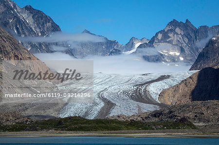 Glacier and peaks, Prince Christian Sound, southern Greenland, Polar Regions