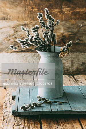 Spring flowers on wood. Rustic spring setting
