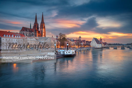 Cityscape image of Regensburg, Germany during spring sunset.