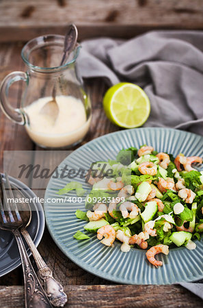 Shrimps, cucumber and lettuce salad with yogurt dressing