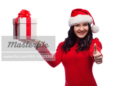 Christmas Santa hat isolated woman portrait hold christmas gift. Smiling happy girl on white background.