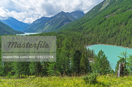 Mountain lakes in the valley of the river Kucherla. Altai Mountains, Russia. Sunny summer day.