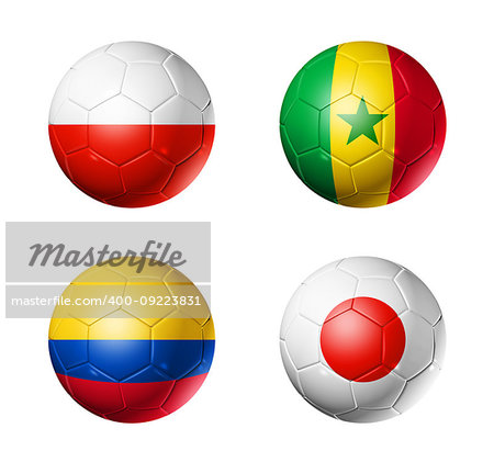 3D soccer balls with group H teams flags, Football competition Russia 2018. isolated on white