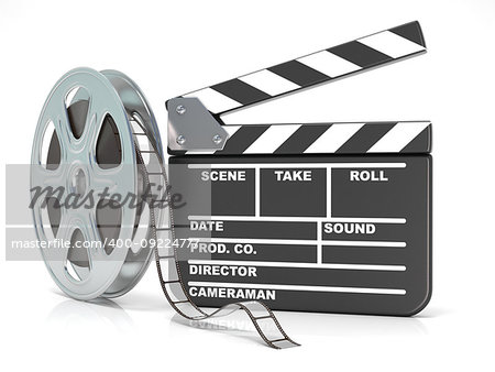 Film reel and movie clapper board. Video icon. 3D render illustration isolated on white background