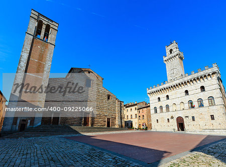 Montepulciano main square Piazza Grande with Communal Palace, Cathedral of Santa Maria Assunta, Palazzo Tarugi. Province of Siena, Tuscany, Italy.