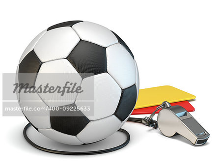 Football concept red and yellow cards, whistle and soccer ball 3D rendering illustration isolated on white background