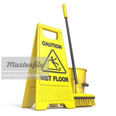 Yellow wet floor sign, bucket and mop 3D rendering illustration isolated on white background