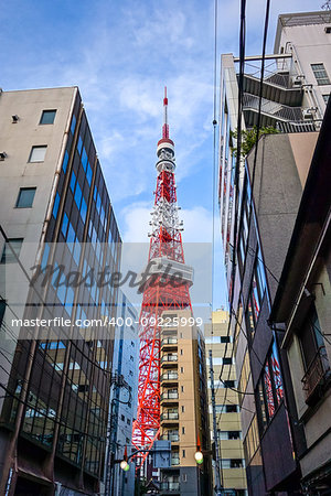 Tokyo tower and buildings view from the street, Japan