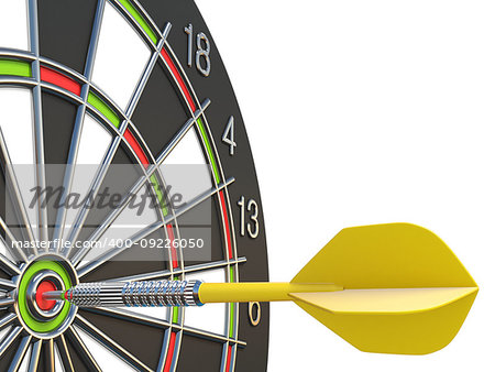Close up yellow dart arrow on center of dartboard 3D rendering illustration isolated on white background