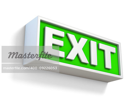 Green EXIT sign on white wall 3D rendering illustration isolated on white background