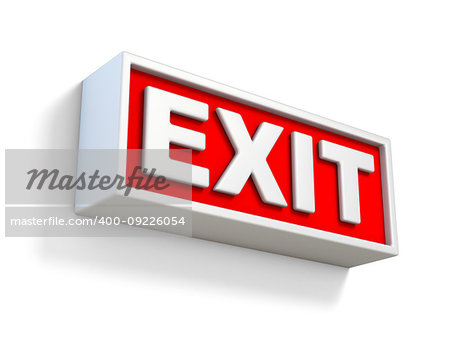 Red EXIT sign on white wall 3D rendering illustration isolated on white background
