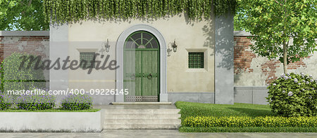 Small country house with wooden front door and gatden with lush vegatation - 3d rendering