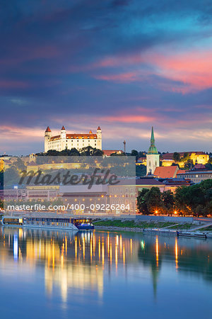 Cityscape image of Bratislava, capital city of Slovakia during twilight blue hour.