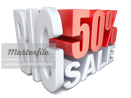 White red big sale sign PERCENT 50 3D render illustration isolated on white background