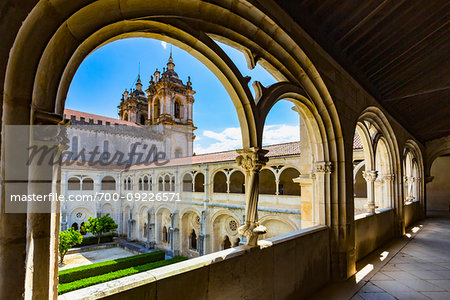 Archway views of the courtyard and Cloister at Alcobaca Monastery and church in Alcobaca in Leiria District in Oeste, Portugal