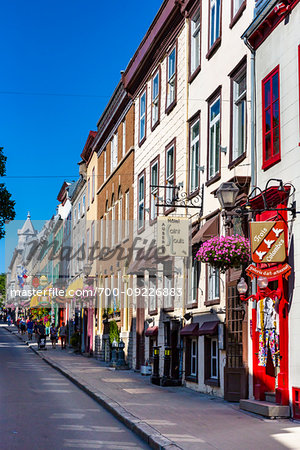 Shops and traditional buildings along Rue Saint Louis in Old Quebec in Quebec City, Quebec, Canada