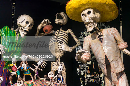 Group of papier-mache puppets of skeletons in the Museo de Arte Popular, Mexico City, Mexico