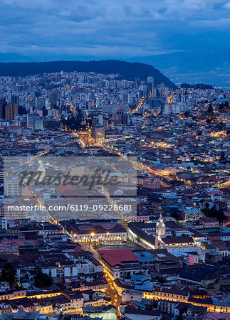 Old Town elevated view from El Panecillo, twilight, Quito, Pichincha Province, Ecuador, South America
