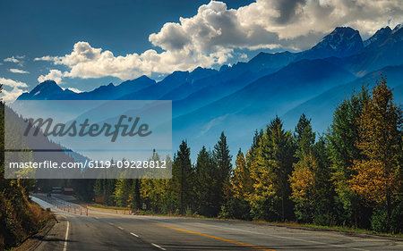 Scenic view of the mountains aligning the Trans Canada Highway in Glacier National Park, British Columbia, Canada, North America