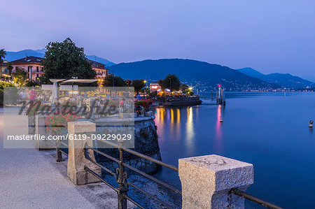 View of lakeside restaurants at dusk in Stresa, Lago Maggiore, Piedmont, Italian Lakes, Italy, Europe