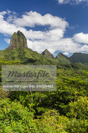 View of the rugged mountains surrounding Opunohu Valley from the Belvedere Overlook, Moorea, French Polynesia, South Pacific, Pacific