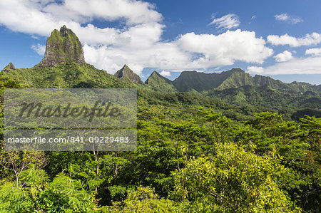 View of the rugged mountains surrounding Opunohu Valley from the Belvedere Overlook, Moorea, French Polynesia, South Pacific, Pacific