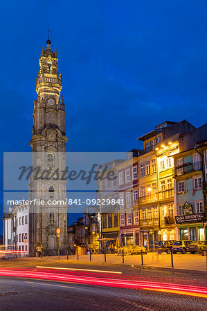 The bell tower of the Clerigos Church at dusk, Porto, Portugal, Europe
