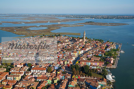 View of Burano island from the helicopter, Venice Lagoon, UNESCO World Heritage Site, Veneto, Italy, Europe